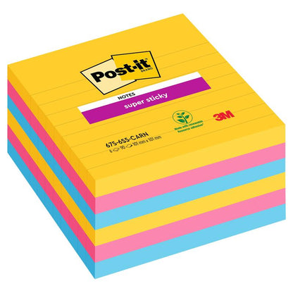 Μια στοίβα Post-it® Super Sticky Notes μεγάλου μεγέθους (101 mm x 101 mm, 90 φύλλα/μπλοκ, 100% PEFC) της 3M Deutschland GmbH δείχνει εναλλάξ κίτρινα, μπλε και ροζ φύλλα με το λογότυπο και το σύμβολο ανακύκλωσης στη συσκευασία.