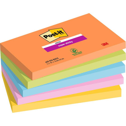 Μια στοίβα από έξι ορθογώνια Post-it® Super Sticky Notes (76 mm x 127 mm, 90 φύλλα/μπλοκ, 100% PEFC) σε χρώματα πορτοκαλί, πράσινο, μπλε, ροζ, μοβ και κίτρινο. Στο πάνω πορτοκαλί φύλλο εμφανίζονται το λογότυπο Post-it® και το λογότυπο 3M καθώς και πληροφορίες προϊόντος.
