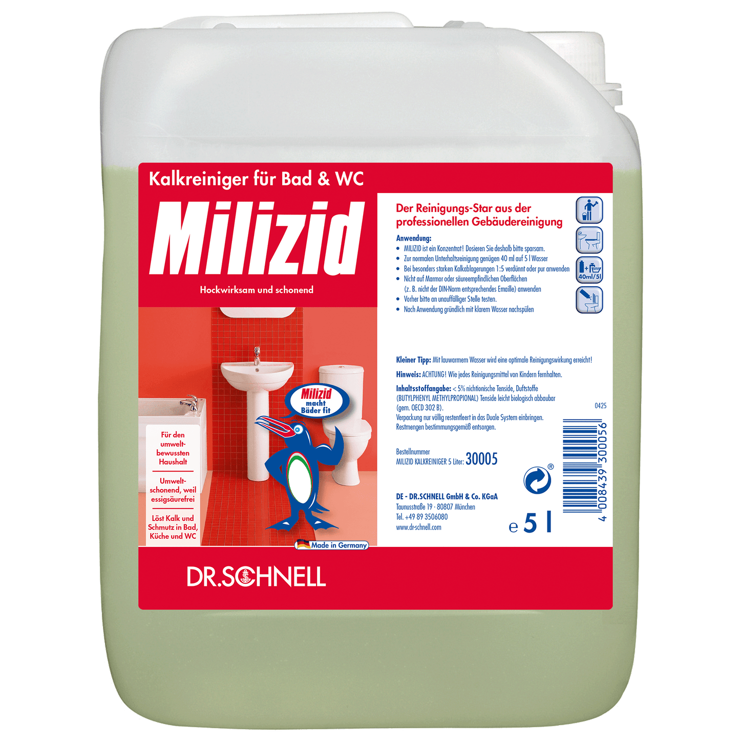 Ένα δοχείο 5 λίτρων από Dr. Schnell MILIZID KALKREINIGER της DR.SCHNELL GmbH & Co. KGaA, με γερμανική ετικέτα που δείχνει εξαρτήματα μπάνιου και έναν καρτούν-πιγκουίνο που κρατά το μπουκάλι του προϊόντος.