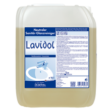 Ein 10-Liter-Kunststoffbehälter von Dr. Schnell LAVIDOL Sanitärreiniger der DR.SCHNELL GmbH & Co. KGaA, mit einem blau-weißen Etikett mit Angaben zur Verwendung und zur Marke sowie der Abbildung eines Waschbeckens mit Wasserhahn.