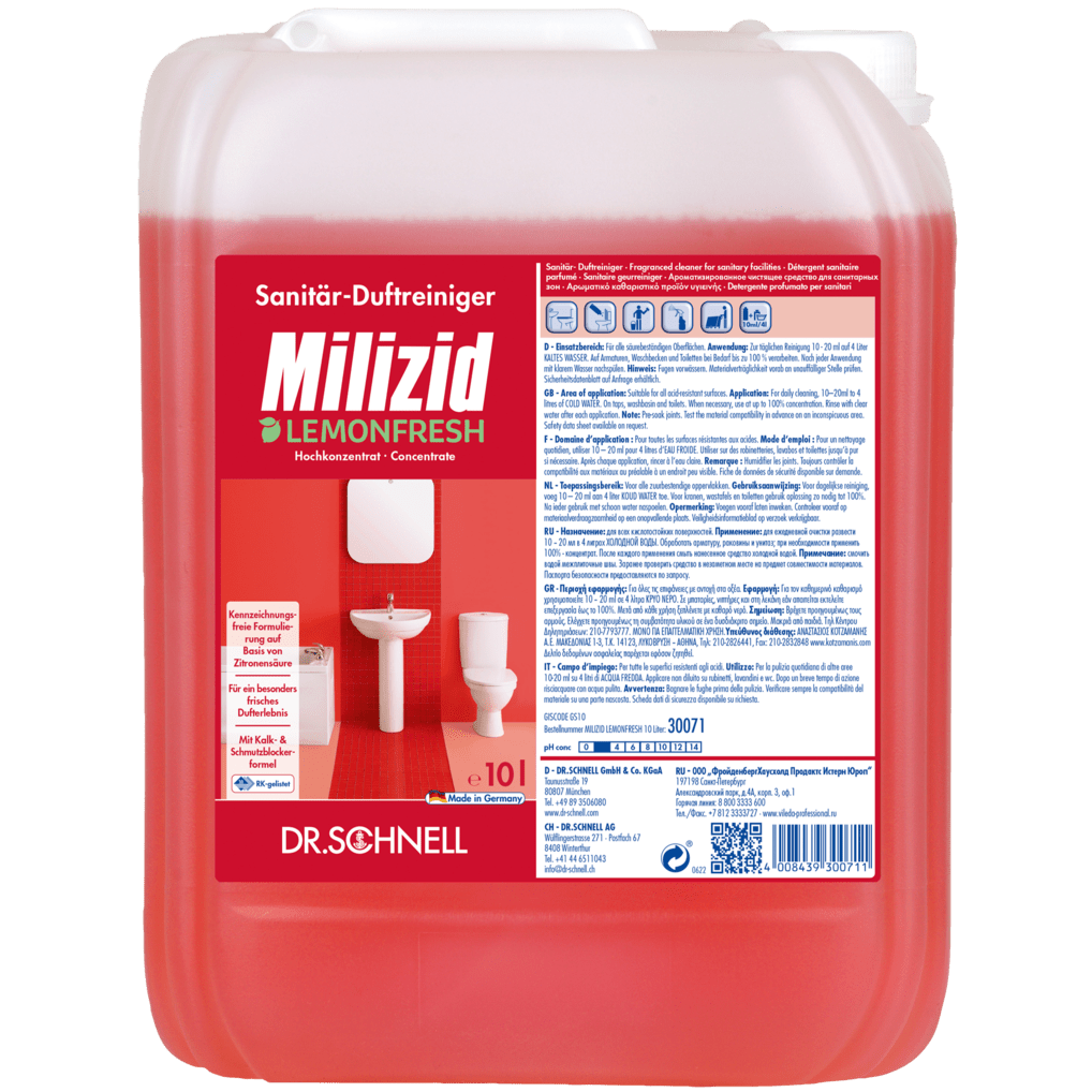 Ένα δοχείο 10 λίτρων από Dr. Schnell MILIZID LEMONFRESH της DR.SCHNELL GmbH & Co. KGaA, ένα ισχυρό συμπυκνωμένο καθαριστικό υγιεινής με άρωμα λεμονιού, έχει μια κόκκινη ετικέτα με πληροφορίες προϊόντος καθώς και εικόνες μιας τουαλέτας και ενός νεροχύτη.