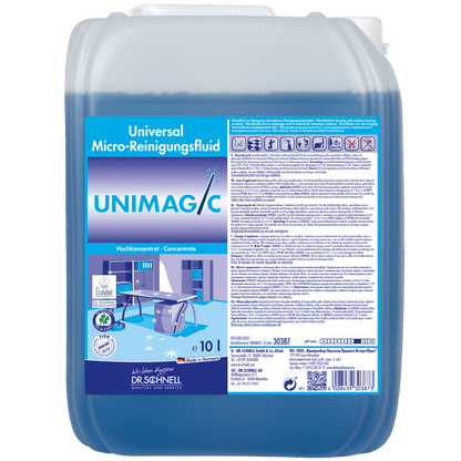 Ένα δοχείο 10 λίτρων από Dr. Schnell UNIMAGIC της DR.SCHNELL GmbH & Co. KGaA διαθέτει λαβή και μεγάλη ετικέτα με πληροφορίες προϊόντος, οδηγίες χρήσης, λογότυπα πιστοποίησης και γραφικό καροτσιού καθαρισμού.