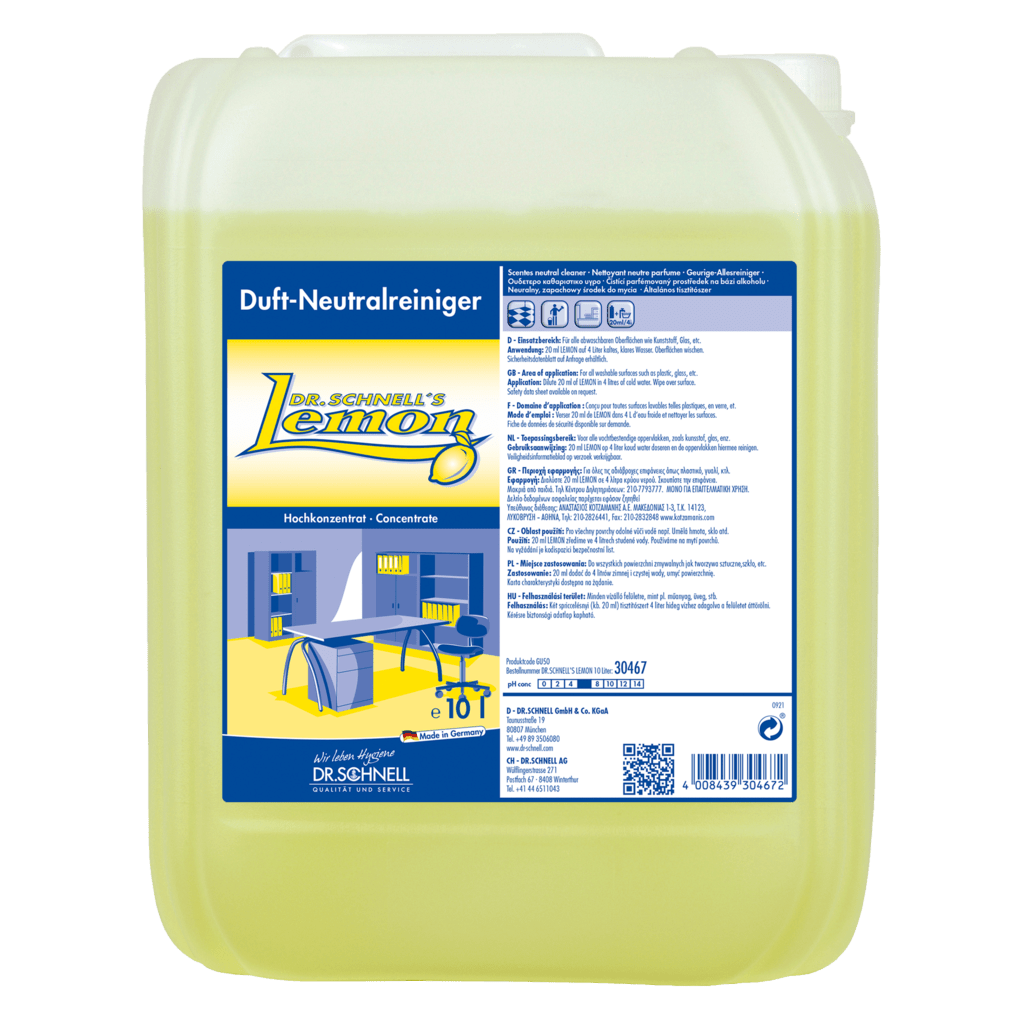 Ένα δοχείο 10 λίτρων Dr. Schnell DR.SCHNELL'S LEMON από την DR.SCHNELL GmbH & Co. KGaA με κίτρινο υγρό και ετικέτα μπλε-κίτρινου χρώματος με πληροφορίες προϊόντος, ιδανικό για την αποτελεσματική καθαριότητα στο σπίτι.