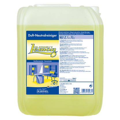 Ένα δοχείο 10 λίτρων Dr. Schnell DR.SCHNELL'S LEMON από την DR.SCHNELL GmbH & Co. KGaA με κίτρινο υγρό και ετικέτα μπλε-κίτρινου χρώματος με πληροφορίες προϊόντος, ιδανικό για την αποτελεσματική καθαριότητα στο σπίτι.