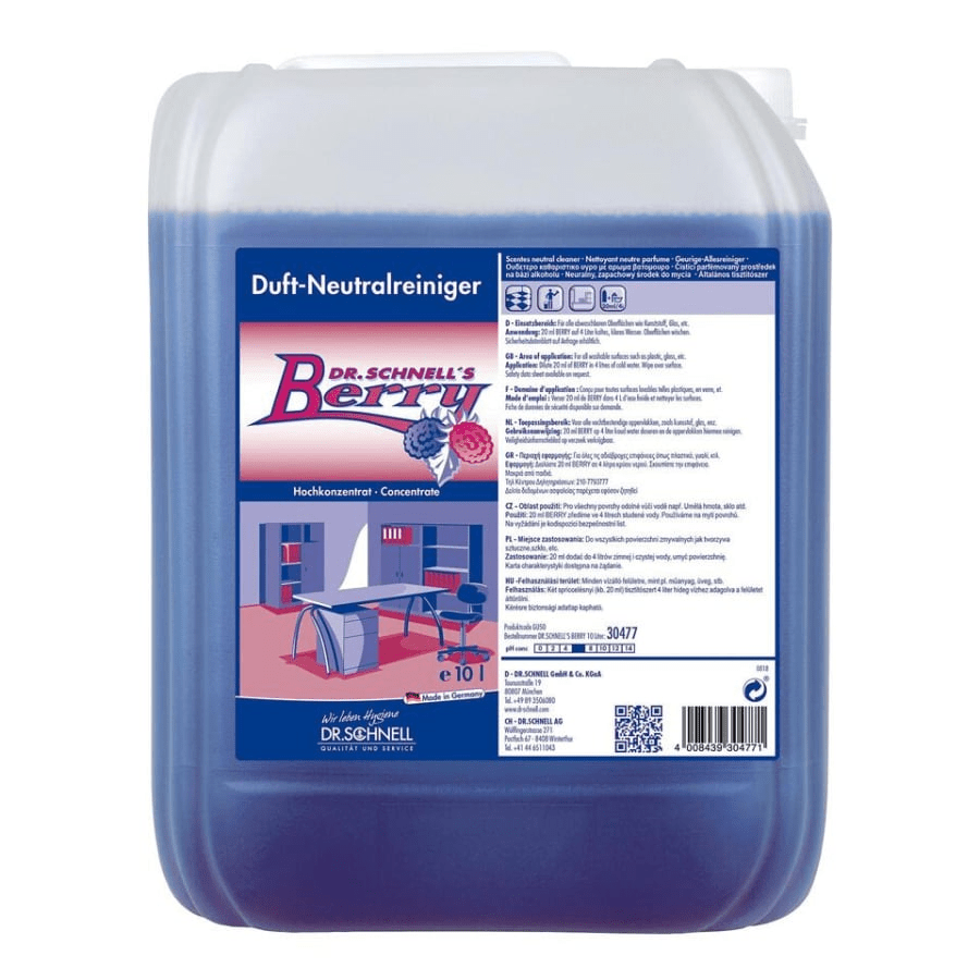 Ένα δοχείο 10 λίτρων από Dr. Schnell DR.SCHNELL'S BERRY της DR.SCHNELL GmbH & Co. KGaA, ένα ισχυρό καθαριστικό με άρωμα μούρων και μπλε υγρό, με ετικέτα που περιέχει πληροφορίες προϊόντος, οδηγίες χρήσης και εικόνα ενός γραφείου.