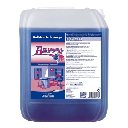 Ένα δοχείο 10 λίτρων από Dr. Schnell DR.SCHNELL'S BERRY της DR.SCHNELL GmbH & Co. KGaA, ένα ισχυρό καθαριστικό με άρωμα μούρων και μπλε υγρό, με ετικέτα που περιέχει πληροφορίες προϊόντος, οδηγίες χρήσης και εικόνα ενός γραφείου.