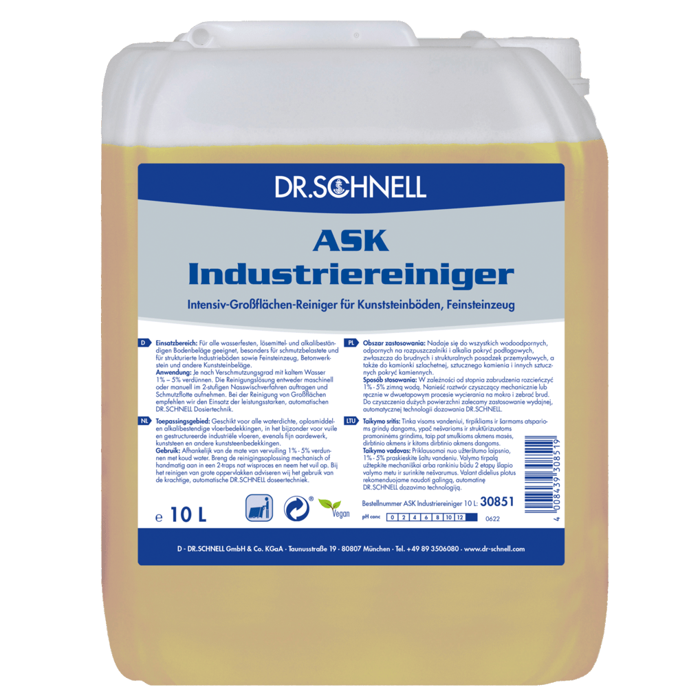 Ένα πλαστικό δοχείο 10 λίτρων από Dr. Schnell ASK INDUSTRIEREINIGER της DR.SCHNELL GmbH & Co. KGaA, ένας επαγγελματικός καθαριστής λαδιών και λιπών για συνθετικά δάπεδα και πορσελάνη, με πληροφορίες προϊόντος και οδηγίες χρήσης στα γερμανικά στην ετικέτα.