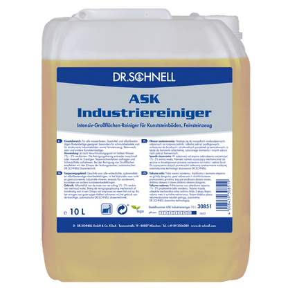 Ένα πλαστικό δοχείο 10 λίτρων από Dr. Schnell ASK INDUSTRIEREINIGER της DR.SCHNELL GmbH & Co. KGaA, ένας επαγγελματικός καθαριστής λαδιών και λιπών για συνθετικά δάπεδα και πορσελάνη, με πληροφορίες προϊόντος και οδηγίες χρήσης στα γερμανικά στην ετικέτα.