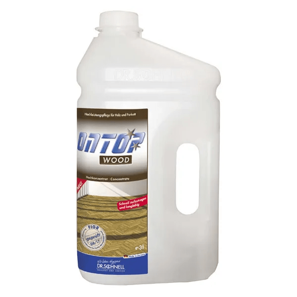 Ένα λευκό πλαστικό μπουκάλι 3 λίτρων με λαβή και βιδωτό καπάκι, με την ετικέτα "Dr. Schnell ONTOP Καθαριστικό ξύλου για δάπεδα" από την DR.SCHNELL GmbH & Co. KGaA, περιγράφεται ως αποτελεσματικό καθαριστικό ξύλινων δαπέδων για επαγγελματική χρήση στον καθαρισμό κτιρίων.