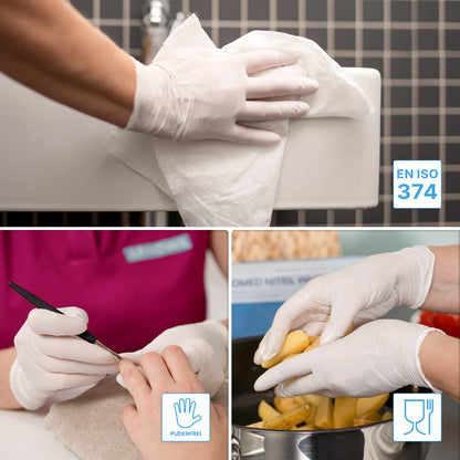 Eine Collage zeigt behandschuhte Hände mit ARNOMED NITRIL WHITE 200er Nitrilhandschuhe von ARNOWA GmbH beim Wischen, bei der Maniküre und beim Umgang mit Lebensmitteln. EN ISO 374, Lebensmittelsicherheit und PUDERFREI-Symbole kennzeichnen diese Einmalhandschuhe im 200er Sparpack.