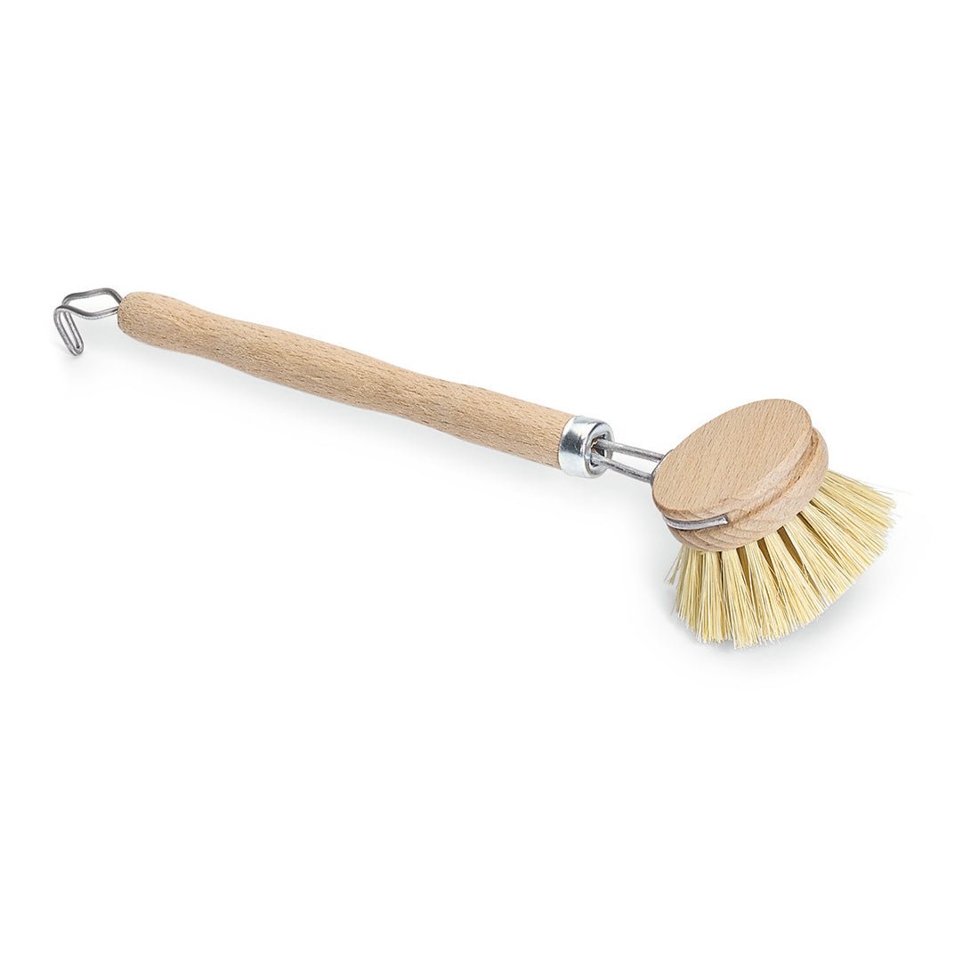 Η Νölle Profi Brush Βούρτσα Πλύσης 25 cm με ξύλινη λαβή, ανθεκτικές στη θερμότητα ίνες, στρογγυλή κεφαλή και μεταλλικό γάντζο στο τέλος της λαβής από την Nölle Profi Brush Τεχνική Βούρτσας & Πινέλου e.K. απεικονίζεται σε λευκό φόντο.