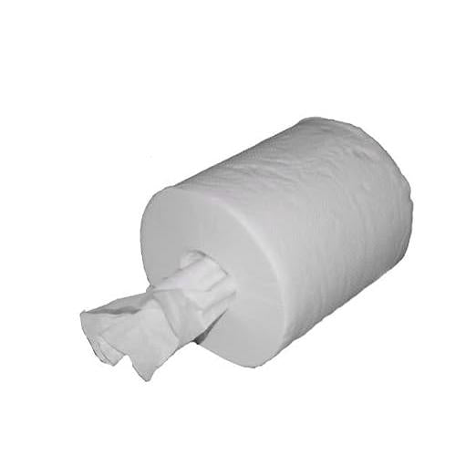 Ένα μεγάλο ρολό πετσέτας Midi της Abena Re-Seller GmbH, 2-στρώσεων, 20 cm x 140 m, λευκό, με ένα φύλλο τραβηγμένο από το κέντρο, βρίσκεται οριζόντια σε ένα μονόχρωμο λευκό φόντο. Το κουτί περιέχει 6 συσκευασίες.