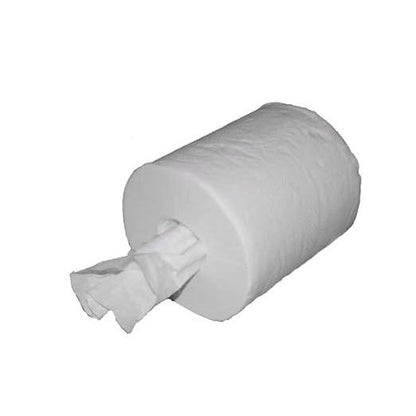 Ένα μεγάλο ρολό πετσέτας Midi της Abena Re-Seller GmbH, 2-στρώσεων, 20 cm x 140 m, λευκό, με ένα φύλλο τραβηγμένο από το κέντρο, βρίσκεται οριζόντια σε ένα μονόχρωμο λευκό φόντο. Το κουτί περιέχει 6 συσκευασίες.