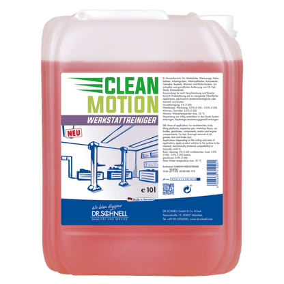 Ένα 10 λίτρων Dr. Schnell CLEANMOTION WERKSTATTREINIGER της DR.SCHNELL GmbH & Co. KGaA με κόκκινο υγρό και μια ετικέτα με μοτίβο συνεργείου αυτοκινήτων και γερμανικές πληροφορίες προϊόντος - ιδανικό για τον αποτελεσματικό καθαρισμό συνεργείων.