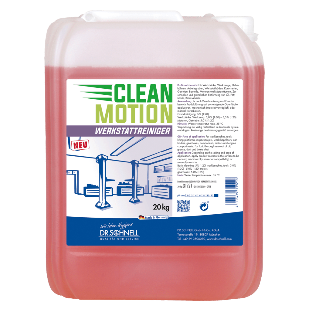Ένα πλαστικό δοχείο 20 κιλών της DR.SCHNELL GmbH & Co. KGaA Dr. Schnell CLEANMOTION WERKSTATTREINIGER με κόκκινο υγρό και μια ετικέτα με πληροφορίες προϊόντος, οδηγίες και ένα εργαστήριο με ανυψωτικά για αποτελεσματικό καθαρισμό.