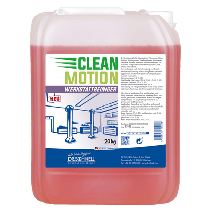 Ένα πλαστικό δοχείο 20 κιλών της DR.SCHNELL GmbH & Co. KGaA Dr. Schnell CLEANMOTION WERKSTATTREINIGER με κόκκινο υγρό και μια ετικέτα με πληροφορίες προϊόντος, οδηγίες και ένα εργαστήριο με ανυψωτικά για αποτελεσματικό καθαρισμό.