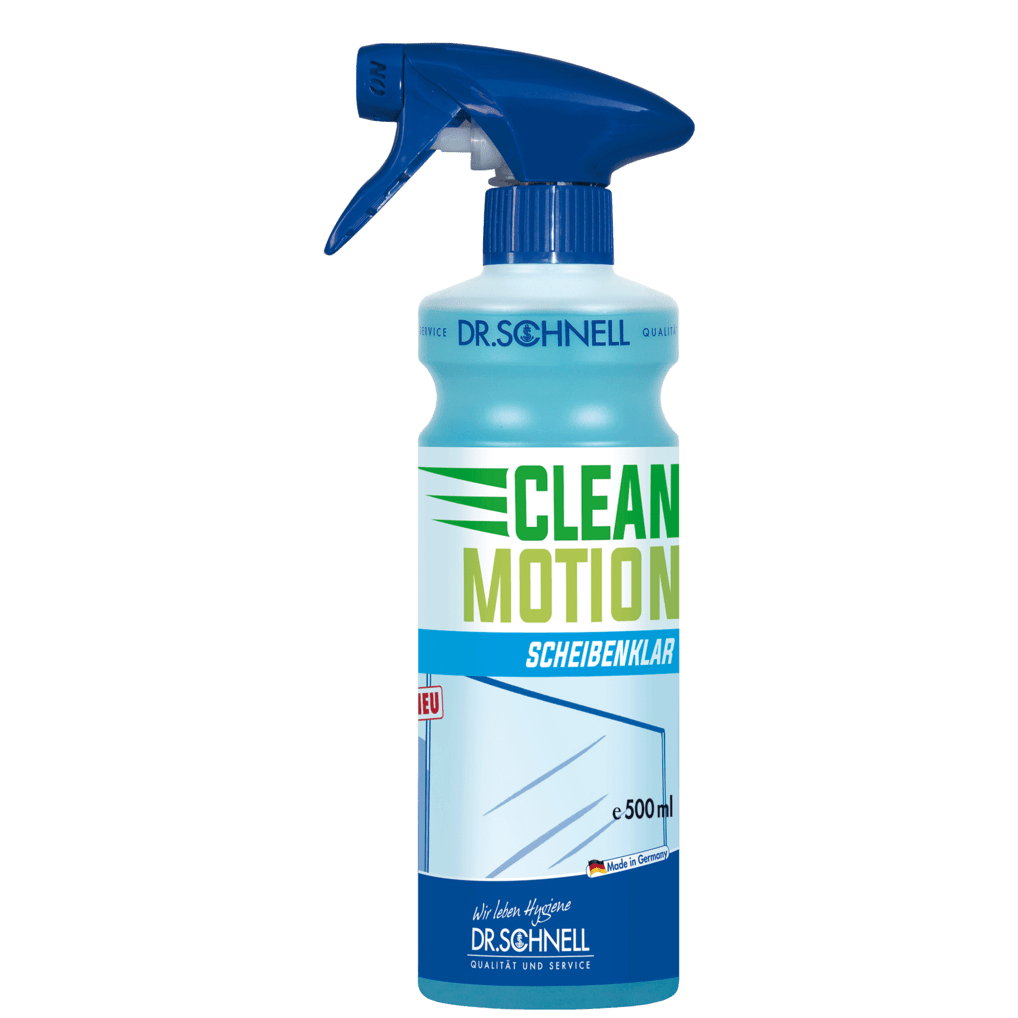 Ένα σπρέι μπουκάλι 500 ml της DR.SCHNELL GmbH & Co. KGaA Dr. Schnell CLEANMOTION SCHEIBENKLAR καθαριστικό γυαλιών, με μπλε εκτοξευτή και λευκή-μπλε ετικέτα με πράσινα γράμματα, για καθαρισμό χωρίς ραβδώσεις.