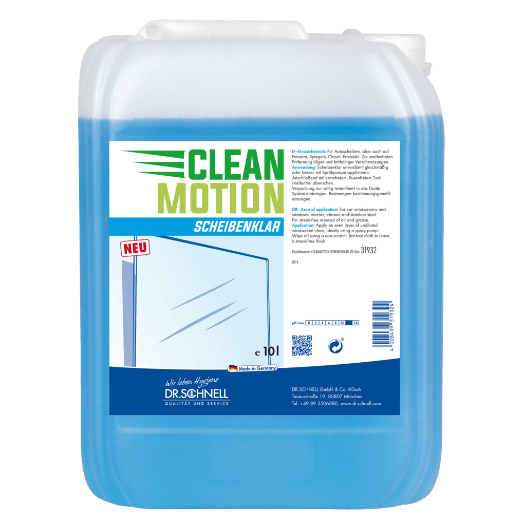 Ένα πλαστικό δοχείο 10 λίτρων από Dr. Schnell CLEANMOTION SCHEIBENKLAR της DR.SCHNELL GmbH & Co. KGaA, με πληροφορίες προϊόντος και μια γραφική παράσταση παρμπρίζ στην ετικέτα - ιδανικό καθαριστικό γυαλιών για καθαρισμό χωρίς ραβδώσεις.