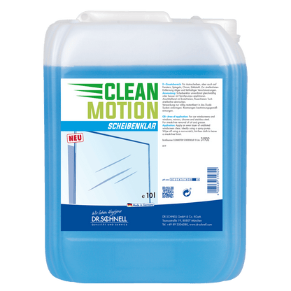 Ένα πλαστικό δοχείο 10 λίτρων από Dr. Schnell CLEANMOTION SCHEIBENKLAR της DR.SCHNELL GmbH & Co. KGaA, με πληροφορίες προϊόντος και μια γραφική παράσταση παρμπρίζ στην ετικέτα - ιδανικό καθαριστικό γυαλιών για καθαρισμό χωρίς ραβδώσεις.