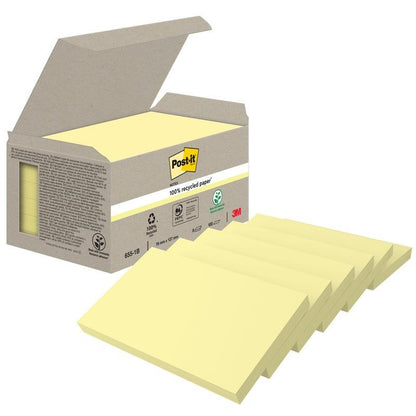 Ένα ανοιχτό πακέτο 3M Post-it® Recycling Notes, Κίτρινο (76x127mm, 100 φύλλα/μπλοκ, 6 μπλοκ), κατασκευασμένο από 100% PEFC-πιστοποιημένο χαρτί (SGSCH-PEFC-COC-110078), δείχνει το λογότυπο ανακύκλωσης και το λογότυπο 3M.