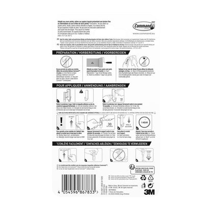 Πίσω πλευρά συσκευασίας της 3M Deutschland GmbH Μεσαίου μεγέθους Command™ μεταλλικός γάντζος σε βουρτσισμένο νικέλιο, 17034 (1 γάντζος, 2 ταινίες) με εικονογραφήσεις βήμα προς βήμα Γάντζος χωρίς τρύπημα και λεπτομέρειες προϊόντος σε πολλές γλώσσες.