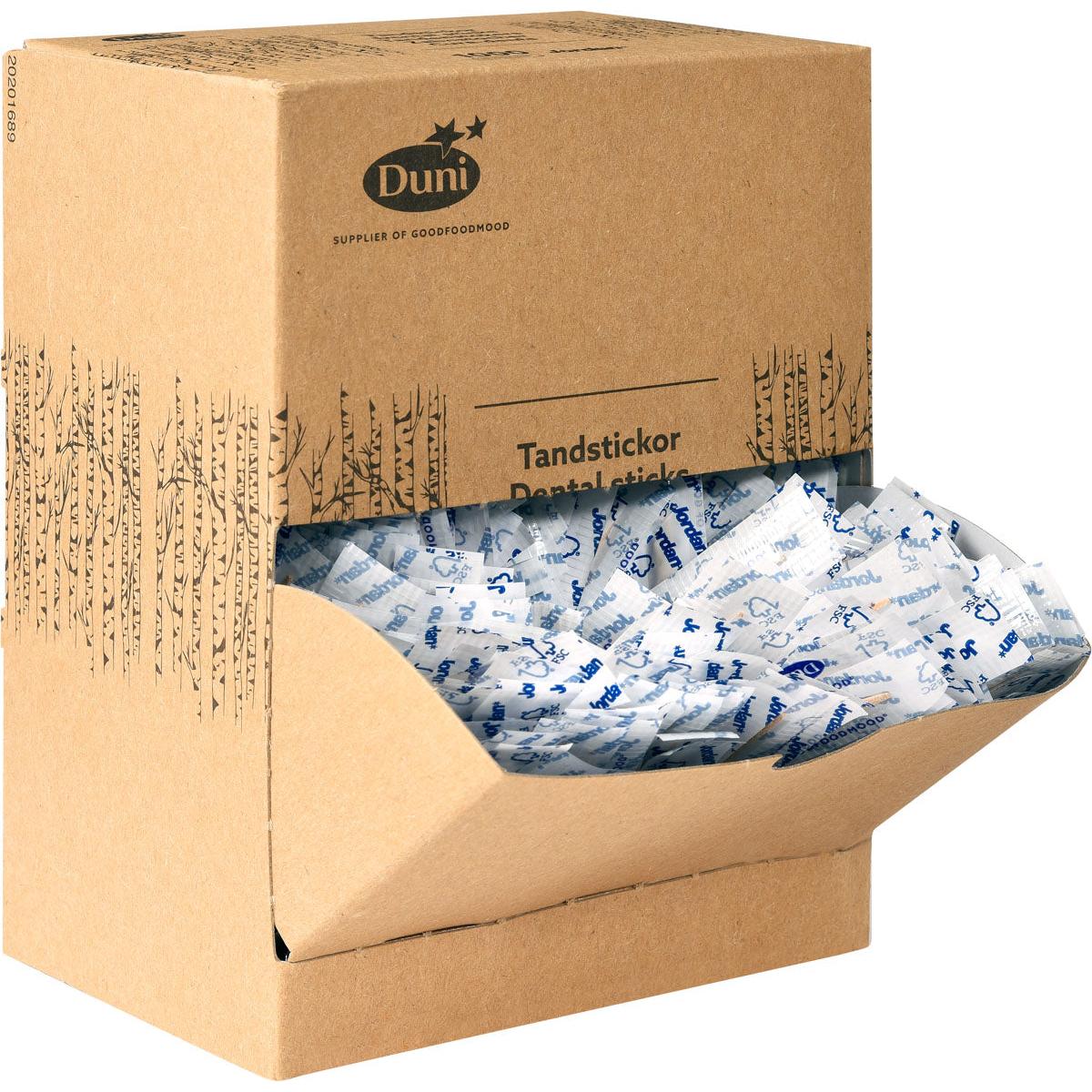 Ένα καφέ κουτί δωρητών από χαρτόνι με την επιγραφή "Duni GmbH Zahnstocher Neutral Holz 50 | Packung (1000 Stück)" περιέχει μεμονωμένα συσκευασμένα ξύλινα οδοντογλυφίδες σε λευκή και μπλε συσκευασία, ορισμένες από τις οποίες είναι ορατές από το ανοιχτό μπροστινό καπάκι.