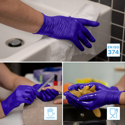 Drei Bilder zeigen Hände in ARNOMED NITRIL XTRA PURE Einmalhandschuhen von ARNOWA GmbH: Reinigung, Nagelpflege, Kartoffelspülung. Icons weisen auf Lebensmittelsicherheit und empfindliche Haut hin - diese Nitrilhandschuhe sind akzeleratorfrei und EN ISO 374-zertifiziert.