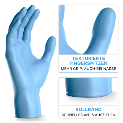 Ένα μπλε γάντι ARNOMED NITRIL BLUE 200er της ARNOWA GmbH απεικονίζεται όρθιο, με ένθετα που αναδεικνύουν τις δομημένες άκρες των δακτύλων για την πρόσφυση και μια κυλινδρική μανσέτα. Το γερμανικό κείμενο περιγράφει αυτά τα γάντια μιας χρήσης σε πακέτο οικονομίας 200 τεμαχίων.