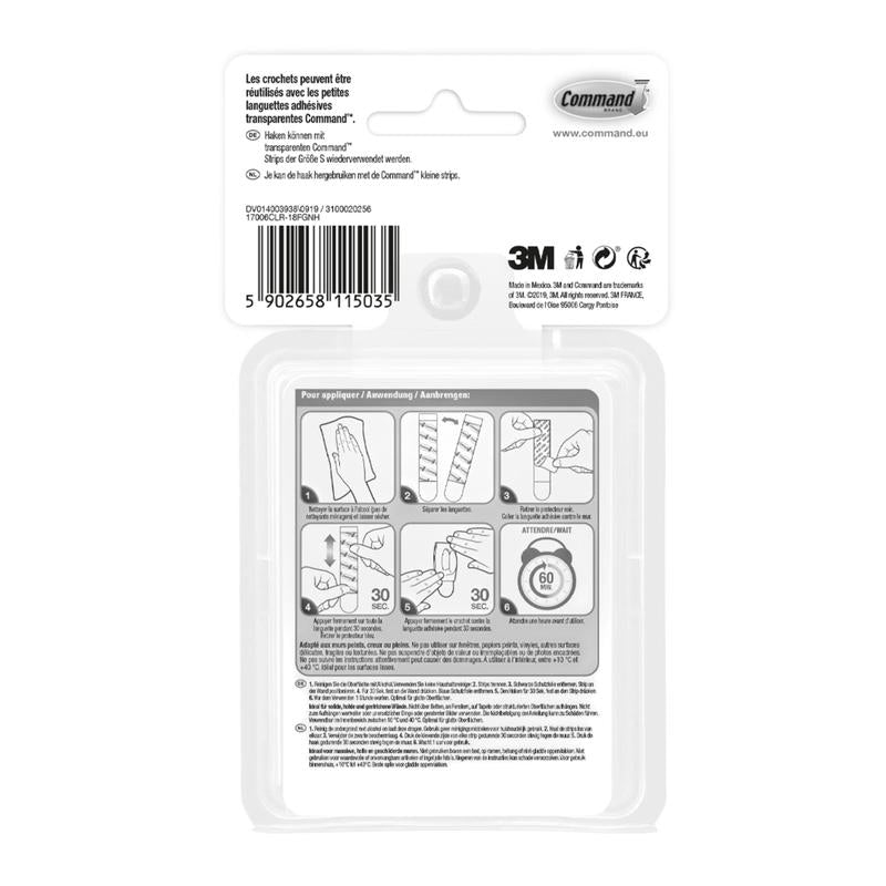 Στην πίσω πλευρά του Command™ Mini-Hakens, transparent, με διαφανείς Strips (17006CLRFGN) der 3M Deutschland GmbH υπάρχουν πολυγλωσσικές οδηγίες, ένας γραμμωτός κώδικας, λογότυπα μάρκας και εικονογραφημένα βήματα για την τοποθέτηση και αφαίρεση των λωρίδων.