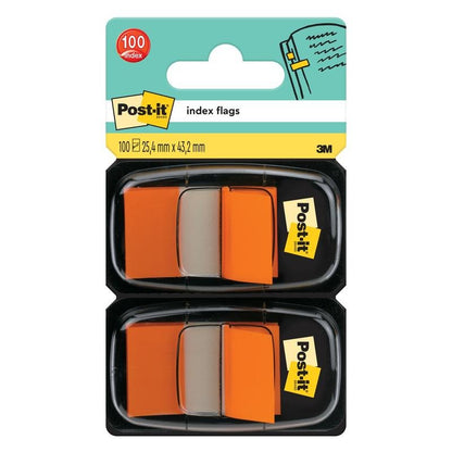 Μια συσκευασία Post-it® Index Haftstreifen της 3M Deutschland GmbH περιέχει δύο διανομείς με 50 πορτοκαλί σημαιάκια έκαστος (25,4 mm x 43,2 mm), δηλαδή συνολικά 100 σημαιάκια με εμφανές το λογότυπο Post-it και 3M.