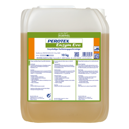 Ein 10 kg transparentes Gebinde von Dr. Schnell PEROTEX ENZYM EVO von DR.SCHNELL GmbH & Co. KGaA, ein enzymatischer Reiniger für den professionellen Einsatz, ist mit einem grün-weißen Etikett mit Hinweisen und Produktangaben sowie einem weißen Deckel versehen.