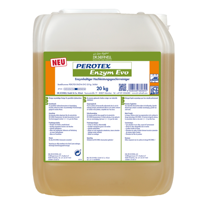Ein 20 kg Gebinde Dr. Schnell PEROTEX ENZYM EVO von DR.SCHNELL GmbH & Co. KGaA, einem enzymatischen Reiniger für den professionellen Einsatz, mit Produktangaben und Anweisungen auf einem weißen Etikett mit blauer und grüner Schrift.