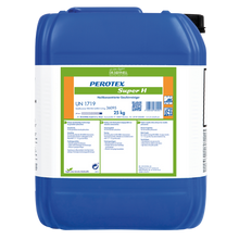 Ein großer blauer Kunststoffbehälter mit weißem Etikett trägt die Aufschrift "Dr. Schnell PEROTEX SUPER H" von DR.SCHNELL GmbH & Co. KGaA, Sicherheitshinweise und eine Gebrauchsanweisung. Dieser 25-kg-Reiniger ist für den professionellen Gebrauch bestimmt.