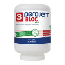 Eine weiße 4 kg Kartusche mit der Aufschrift "Dr. Schnell PEROJET BLOC 3 ECO Geschirrreiniger für gewerbliche Spülmaschinen, ökologisch" der DR.SCHNELL GmbH & Co. KGaA ist auf der Vorderseite mit ökologischen Prüfsiegeln versehen.