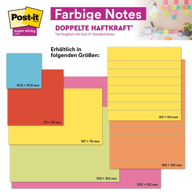 Ένα γραφικό δείχνει τα Post-it® Super Sticky Notes μεγάλου μεγέθους (101 mm x 101 mm, 90 φύλλα/μπλοκ, 100% PEFC) της 3M Deutschland GmbH, με διαστάσεις σε χιλιοστά. Μια πλαϊνή γραμμή τα δείχνει σε έναν τοίχο κοντά σε είδη γραφείου.