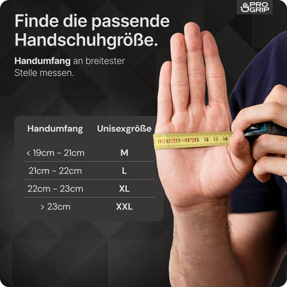 Eine Person misst ihre Hand mit einem gelben Band für die Größenbestimmung der ARNOWA GmbH PROGRIP NITRIL DIAMOND ORANGE Einmalhandschuhe. Eine Tabelle listet M, L, XL, XXL Handumfänge; messen Sie an der breitesten Stelle für die beste Passform dieser reißfeste Nitrilhandschuhe.