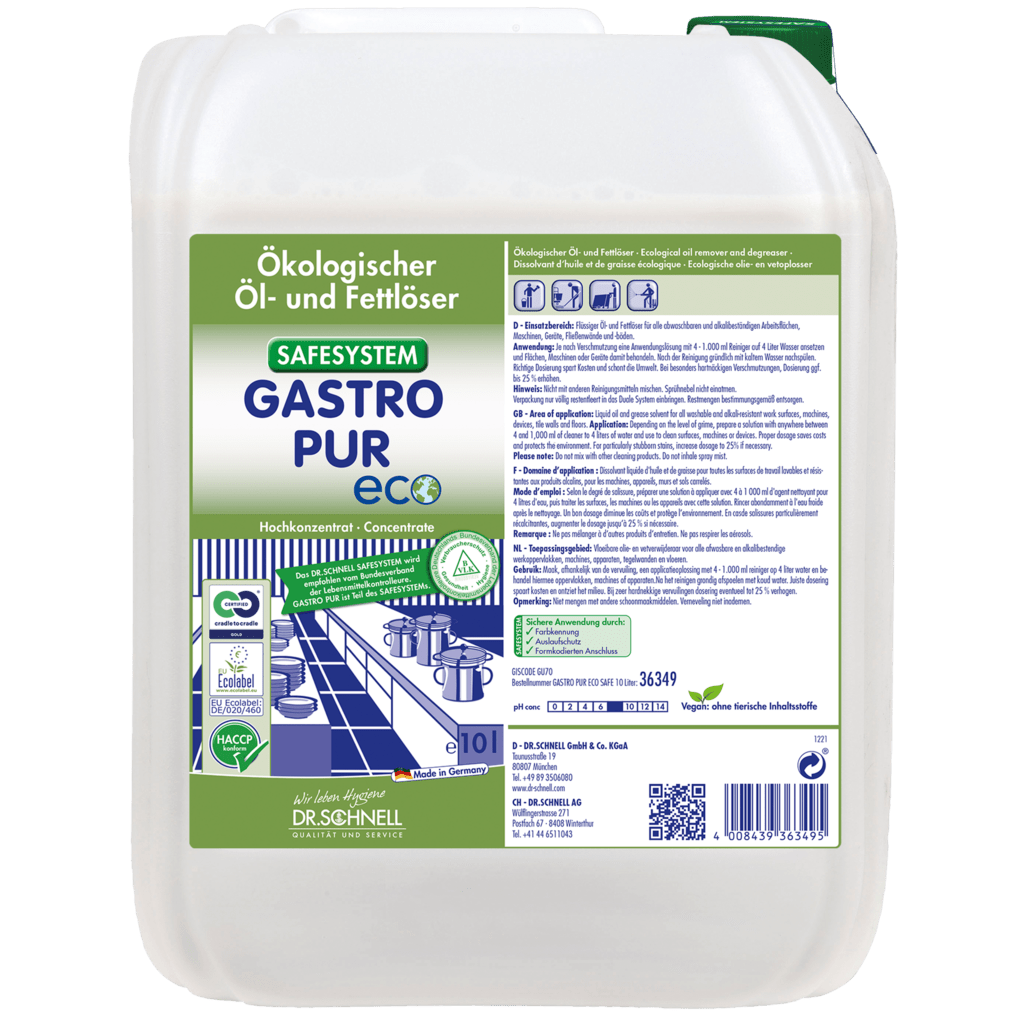 Ένα λευκό πλαστικό δοχείο 10 λίτρων με την επιγραφή "Dr. Schnell GASTRO PUR ECO καθαριστικό λαδιών και λιπών για επιφάνειες" της DR.SCHNELL GmbH & Co. KGaA, με εικονογράμματα και μια εικόνα για τον καθαρισμό κουζίνας στη γαστρονομία.