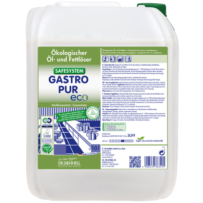 Ένα λευκό πλαστικό δοχείο 10 λίτρων με την επιγραφή "Dr. Schnell GASTRO PUR ECO καθαριστικό λαδιών και λιπών για επιφάνειες" της DR.SCHNELL GmbH & Co. KGaA, με εικονογράμματα και μια εικόνα για τον καθαρισμό κουζίνας στη γαστρονομία.