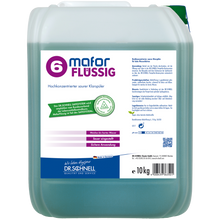 Ein 10-kg-Rechteckbehälter von Dr. Schnell MAFOR FLÜSSIG 6 Klarspüler für Geschirrspülmaschinen von DR.SCHNELL GmbH & Co. KGaA, mit deutschen Produktangaben und Anweisungen auf einem weiß-grün-lila Etikett.
