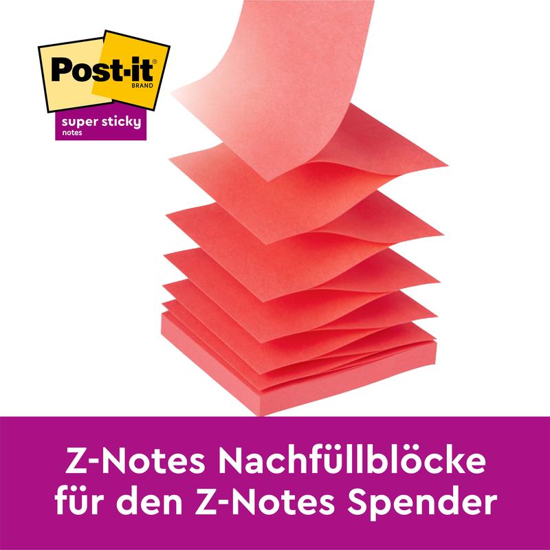 Ένας μαύρος διανομέας Post-it® Z-Notes PRO της 3M Deutschland GmbH χωράει κίτρινες Super Sticky Z-Notes (76 x 76 mm, 90 φύλλα/μπλοκ). Μερικές σημειώσεις είναι ανοιγμένες, πάνω αριστερά εμφανίζεται το λογότυπο της μάρκας, κάτω οι πληροφορίες του προϊόντος.