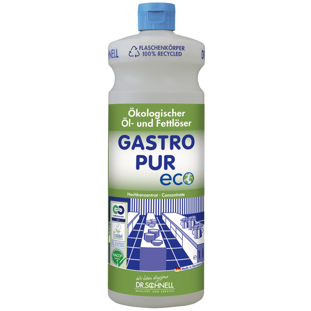 Ένα μπουκάλι Dr. Schnell GASTRO PUR ECO καθαριστικό λαδιών και λιπών για επιφάνειες από την DR.SCHNELL GmbH & Co. KGaA είναι εξοπλισμένο με πράσινη και μπλε ετικέτα, μπλε καπάκι, σύμβολα ανακύκλωσης, γερμανικό κείμενο και μια απεικόνιση από τη μεγάλη κουζίνα.