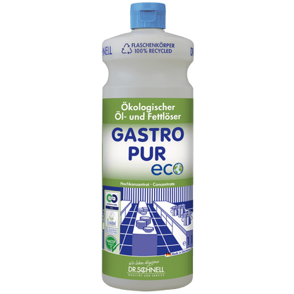 Ένα μπουκάλι Dr. Schnell GASTRO PUR ECO καθαριστικό λαδιών και λιπών για επιφάνειες από την DR.SCHNELL GmbH & Co. KGaA είναι εξοπλισμένο με πράσινη και μπλε ετικέτα, μπλε καπάκι, σύμβολα ανακύκλωσης, γερμανικό κείμενο και μια απεικόνιση από τη μεγάλη κουζίνα.