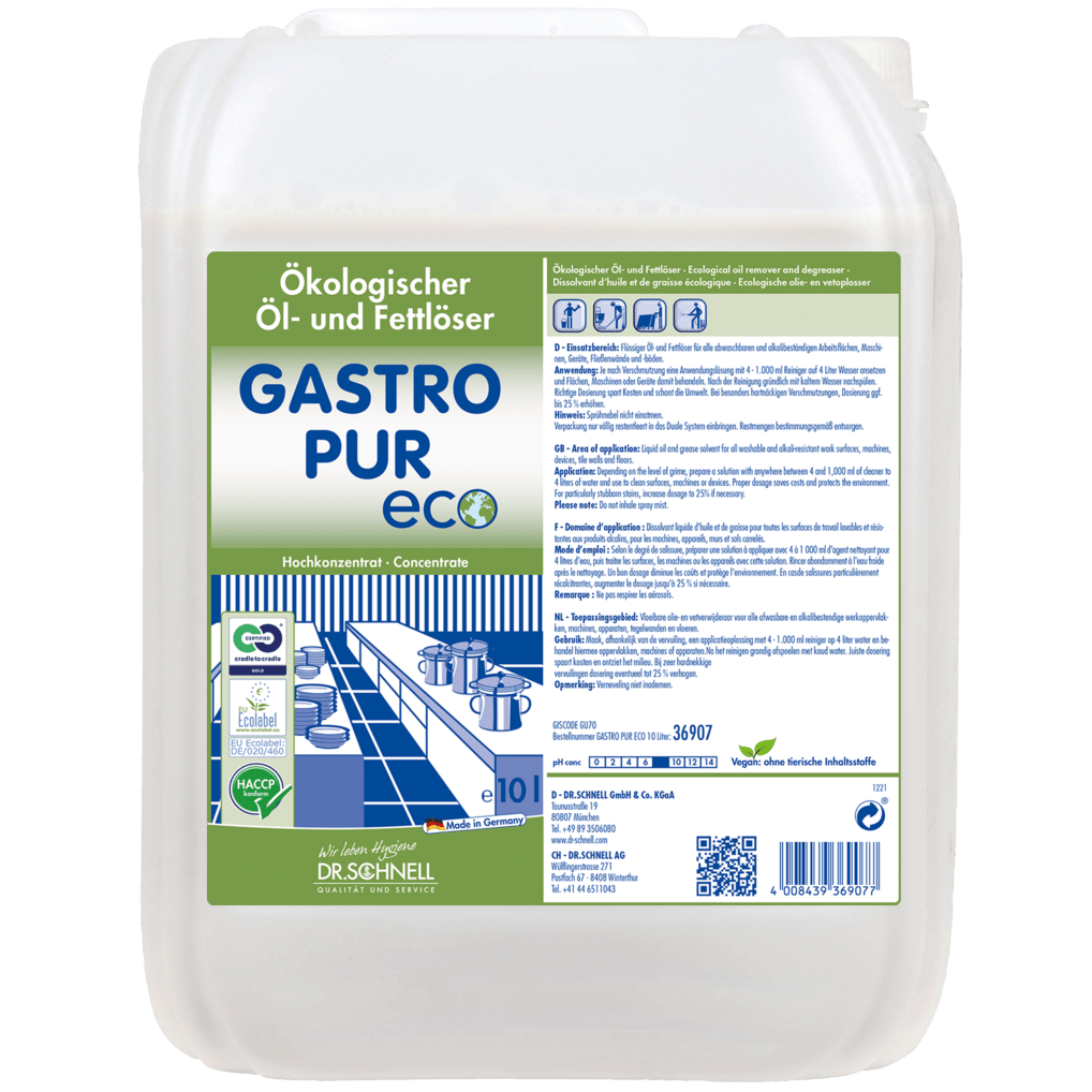 Ένα δοχείο 10 λίτρων του Dr. Schnell GASTRO PUR ECO καθαριστικό λαδιών και λιπών για επιφάνειες της DR.SCHNELL GmbH & Co. KGaA εμφανίζει στην ετικέτα λεπτομέρειες προϊόντος, πιστοποιήσεις, οδηγίες χρήσης και γραφικά κουζίνας στα χρώματα πράσινο, μπλε και λευκό.