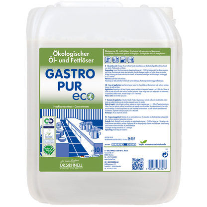 Ένα δοχείο 10 λίτρων του Dr. Schnell GASTRO PUR ECO καθαριστικό λαδιών και λιπών για επιφάνειες της DR.SCHNELL GmbH & Co. KGaA εμφανίζει στην ετικέτα λεπτομέρειες προϊόντος, πιστοποιήσεις, οδηγίες χρήσης και γραφικά κουζίνας στα χρώματα πράσινο, μπλε και λευκό.