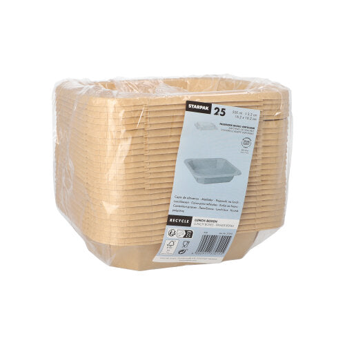 Ένας σωρός από 25 Starpak Lunchboxen, Pappe eckig, είναι τυλιγμένος σε διαφανές πλαστικό και έχει στο μπροστινό μέρος μια ετικέτα με λεπτομέρειες προϊόντος και μια εικόνα ενός μεμονωμένου δοχείου.