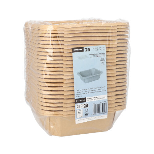 Μια συσκευασία με 25 ορθογώνια, καφέ Starpak Lunchboxen από χαρτόνι, τυλιγμένα σε πλαστική μεμβράνη, με μια ετικέτα στο μπροστινό μέρος που δείχνει τη μάρκα Starpak και πληροφορίες προϊόντος. Ιδανικά ως φιλικά προς το περιβάλλον κουτιά φαγητού για κάθε εκδήλωση.