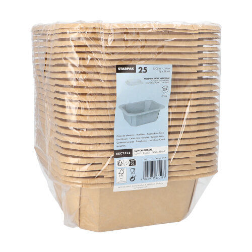 Απεικονίζεται ένας σωρός από Starpak 25 Lunchboxen, Pappe eckig, τυλιγμένος σε πλαστική μεμβράνη. Στο μπροστινό μέρος υπάρχει μια λευκή ετικέτα με τη μάρκα Starpak, λεπτομέρειες προϊόντος, γραμμωτό κώδικα, σύμβολα ανακύκλωσης και την εικόνα ενός ανοιχτού κουτιού.