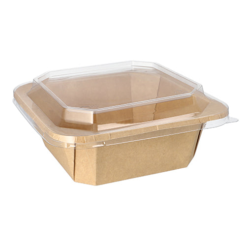 Οι Starpak 25 Lunchboxen από φιλικό προς το περιβάλλον, καφέ χαρτόνι με διαφανές πλαστικό καπάκι παρουσιάζονται εδώ άδειες, κλειστές και σε λευκό φόντο.
