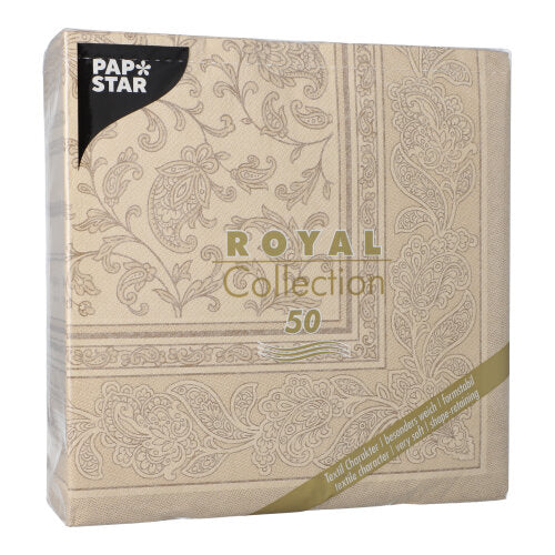 Ένα πακέτο σε χρώμα άμμου PAPSTAR GmbH 50 πετσέτες "ROYAL Collection" 1/4-δίπλωμα, 40 x 40 cm, με πληροφορίες προϊόντος σε χρυσό και λευκό στο μπροστινό μέρος.