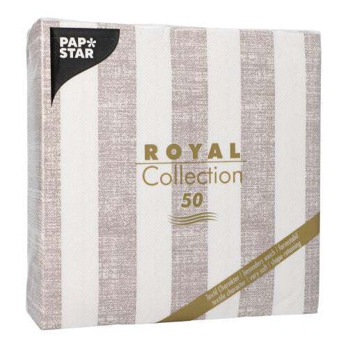 Eine Packung PAPSTAR 50 Servietten "ROYAL Collection" 1/4-Falz 40 x 40 cm mocca von PAPSTAR GmbH enthält 50 Servietten im mocca Design, auf deren Vorderseite der Produktname und die Stückzahl in Gold aufgedruckt sind.